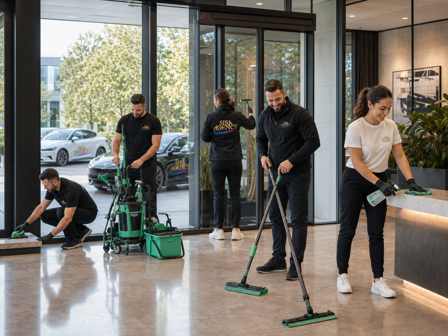 SiRa Agency Team bei der Reinigung eines modernen Gewerbeobjekts