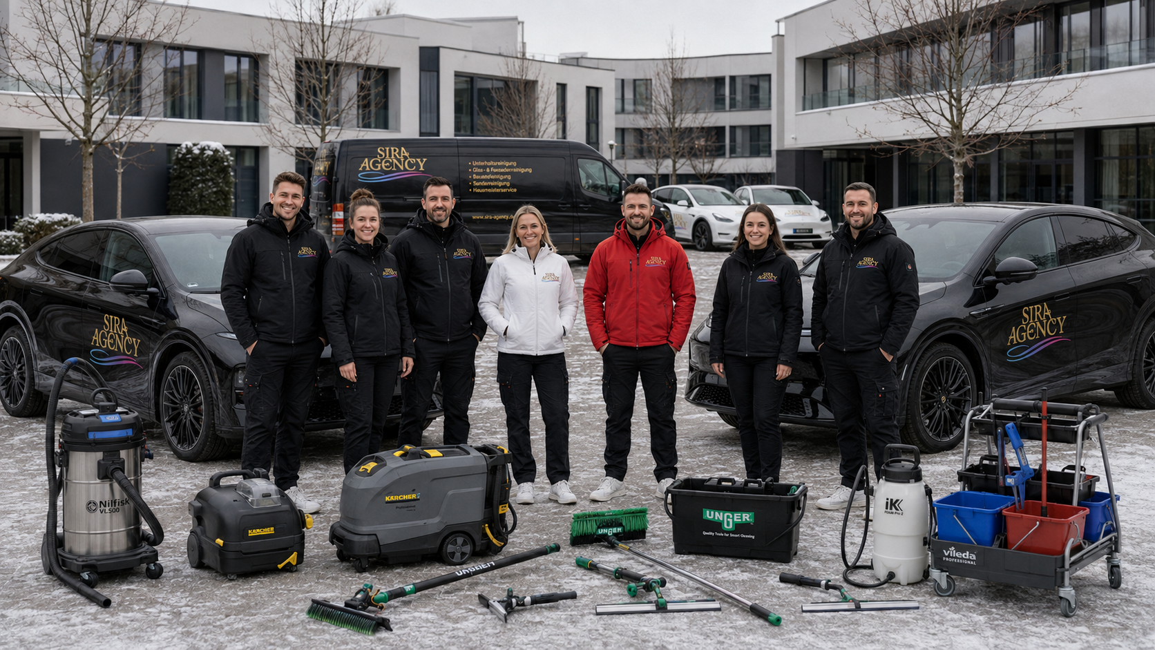 SiRa Agency Team mit wettergerechter gebrandeter Arbeitskleidung